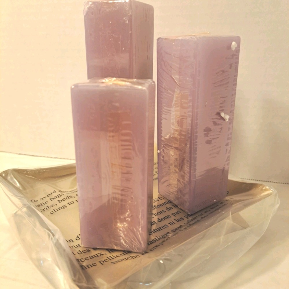 Avon Rites Of Spring 3 Lilac Pillar Candles With Base New Old Stock